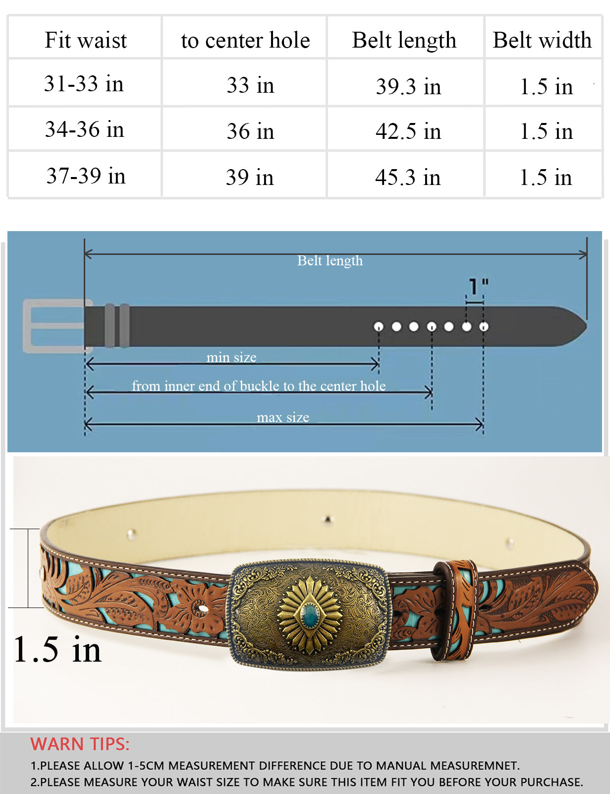 TOPACC Western Turquoise Belts - Square Turquoise Belt Buckle Copper/Bronze