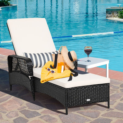 PE Rattan Armrest Chaise Lounge Chair with Adjustable Pillow-Off White