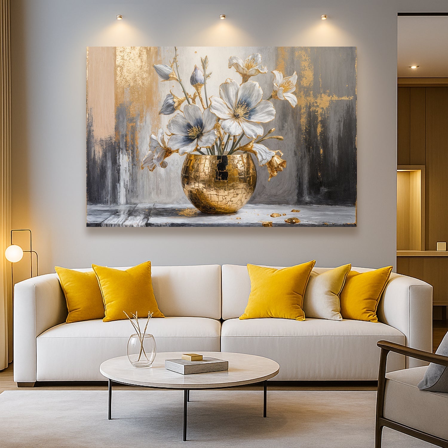 Magnolia Bloom in Gold Abstract Wall Art Tailored Canvases