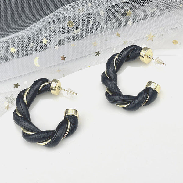 Gold-Plated Twisted Leather Hoop Earrings with Gift Pouch