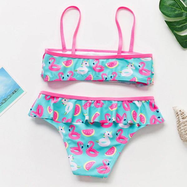 3-16Y Cartoon Two-piece Girls Swimwear Ruffle Swimsuit Bikini Set One Shoulder Beachwear Princess Two Piece Bathing Suit Children Swimwear Girls Swimsuit Bikini Set