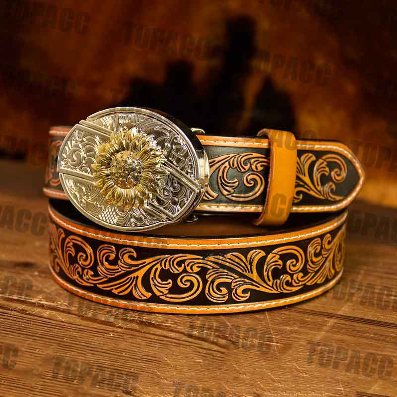 Brown Leather Belt with Two-tone Strap Holder Buckle