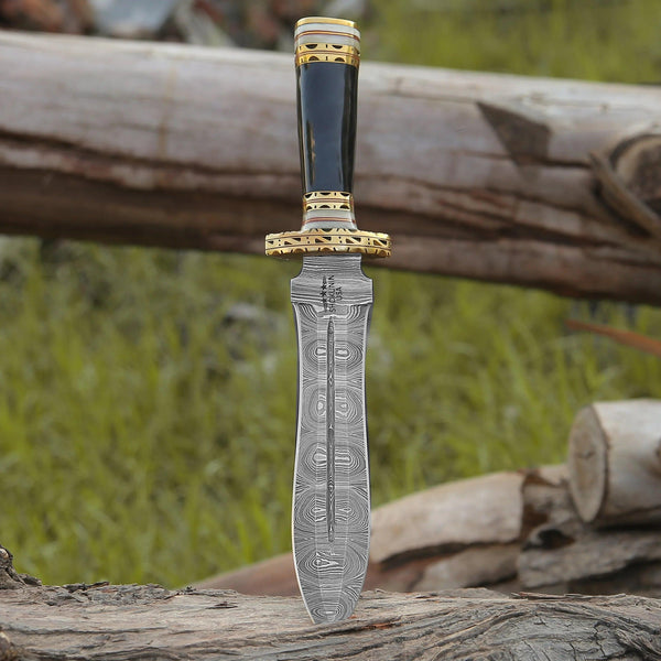 Heartless Edge Damascus Fixed Blade Knife with Horn Handle & Sheath - Gifts for You 'n Me