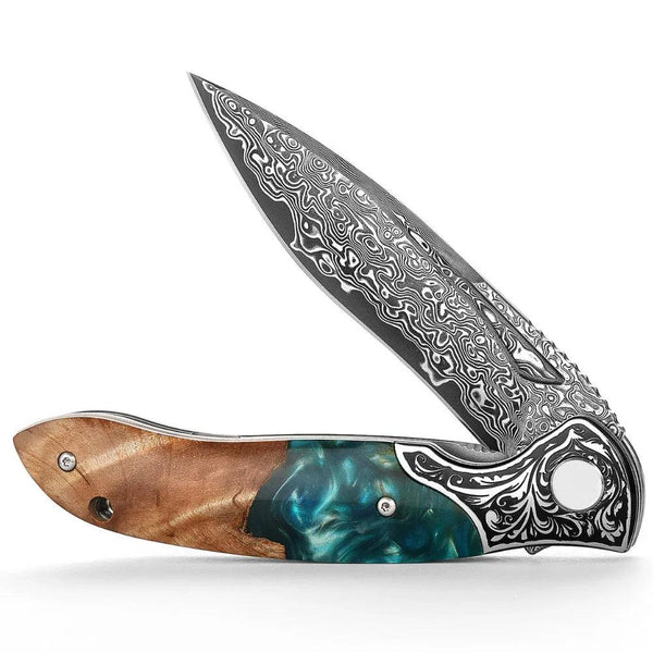 Raven VG10 Damascus Pocket Knife with Olive Burl Wood & Resin Handle - Gifts for You 'n Me