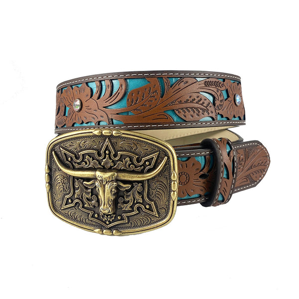 TOPACC Western Turquoise Belts - Pattern Longhorn Cow Belt Buckle Copper/Bronze