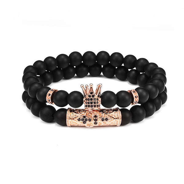 Lava Stone Combination Cubic Zircon Beads Bracelet Natural Red Tiger Eye Black Matte Onyx Stone Crown King Beads Bracelet For Men Women Fashion Charm Zircon Head Elastic Adjustable Bracelet Set Luxury Design