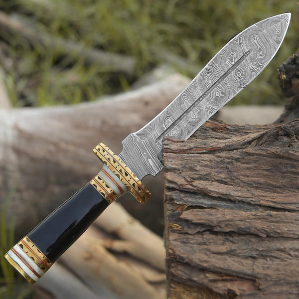 Heartless Edge Damascus Fixed Blade Knife with Horn Handle & Sheath - Gifts for You 'n Me