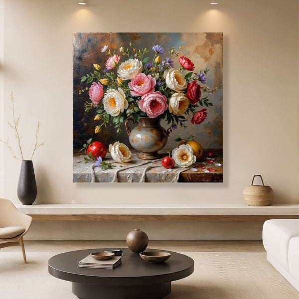 Floral painting in a living room setting with a round coffee table and decorative items.