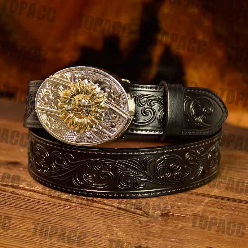 Black Leather Belt with Two-tone Strap Holder Buckle