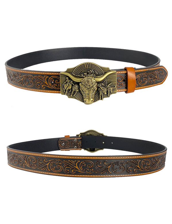 TOPACC Western Genuine Leather Pattern Tooled Belt-Longhorn Cow Belt Buckle Horseback Riding Copper/Bronze