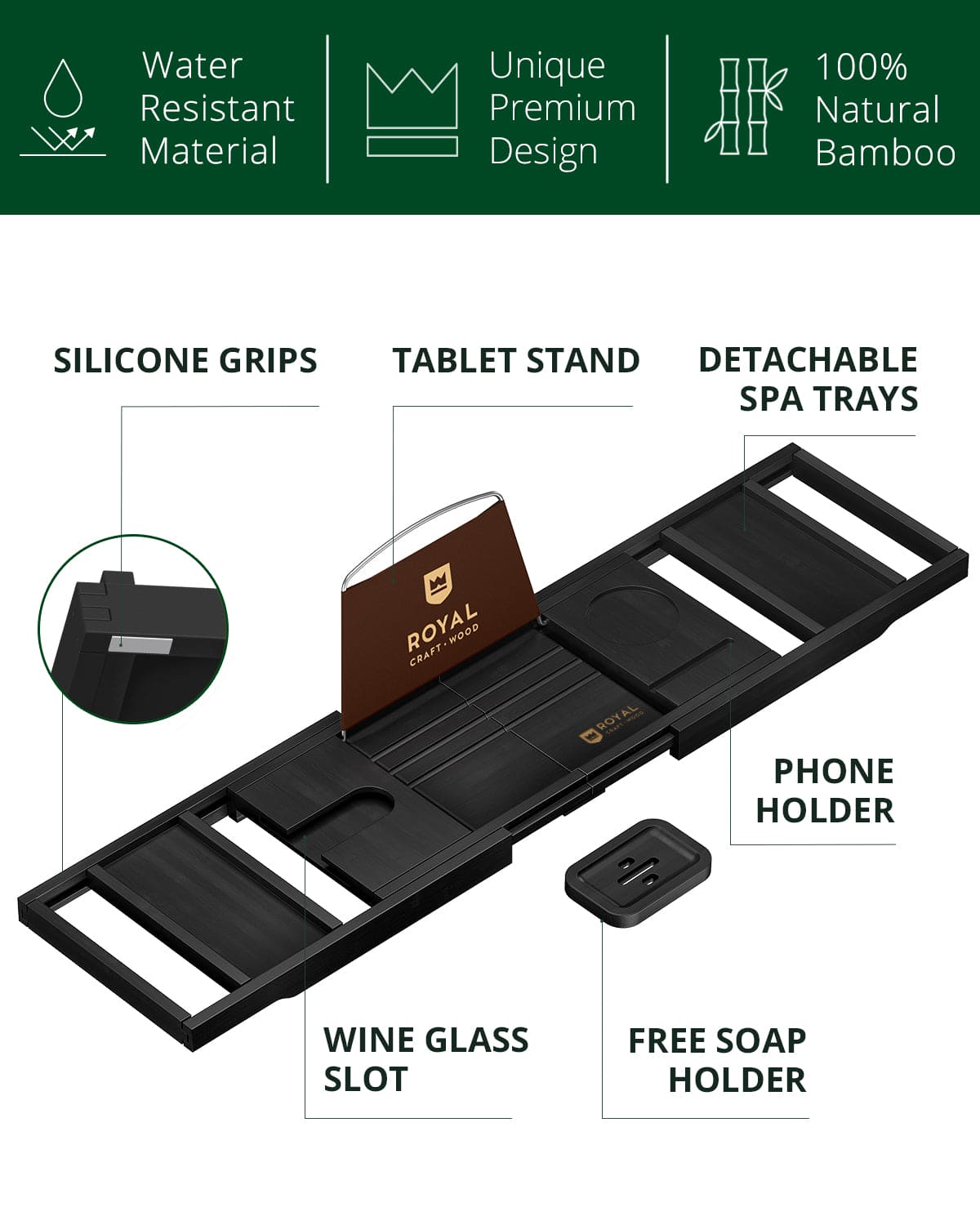 Bathtub Caddy Tray, Black