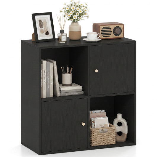 4-Cube Bookcase 3-Tier Bookshelf with Dual Anti-Tipping Kits and 2 Cabinets-Black