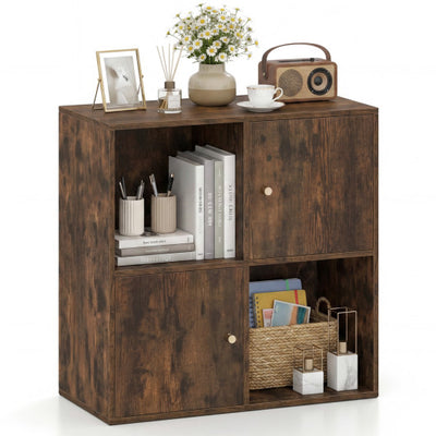 4-Cube Bookcase 3-Tier Bookshelf with Dual Anti-Tipping Kits and 2 Cabinets-Brown