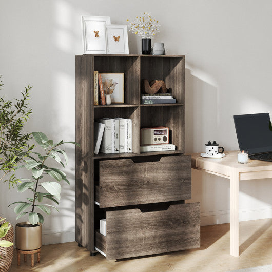 4-Cube Bookcase with 2 Drawers 51 inch 5-Tier Tall Freestanding Bookshelf-Gray