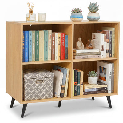4-Cube Wooden Bookshelf Bookcase with 5 Metal Legs for Home-Natural