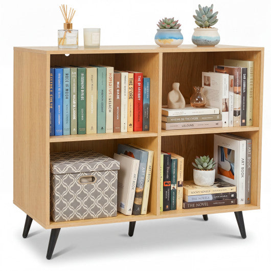 4-Cube Wooden Bookshelf Bookcase with 5 Metal Legs for Home-Natural