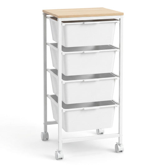 4-Drawer Rolling Storage Cart Mobile Utility Organizer with Wooden Tabletop and Lockable Wheels-White