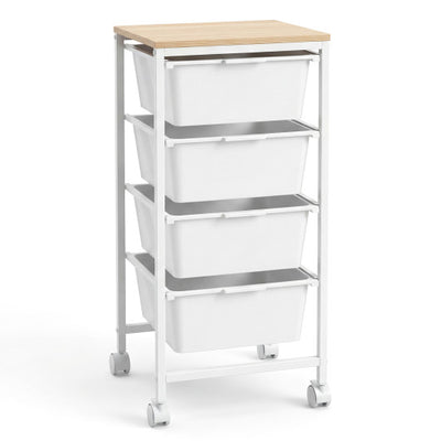 4-Drawer Rolling Storage Cart Mobile Utility Organizer with Wooden Tabletop and Lockable Wheels-White