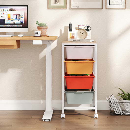 4-Drawer Rolling Storage Cart Mobile Utility Organizer with Wooden Tabletop and Lockable Wheels-Macaron