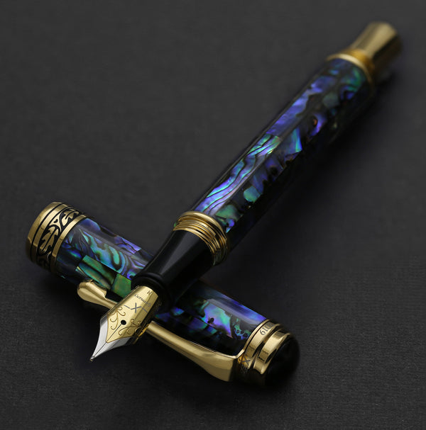 Maestro® Paua Abalone Sea Shell Fountain Pen (Medium Nib) and Rollerball Pen Set - 18K Gold Plated