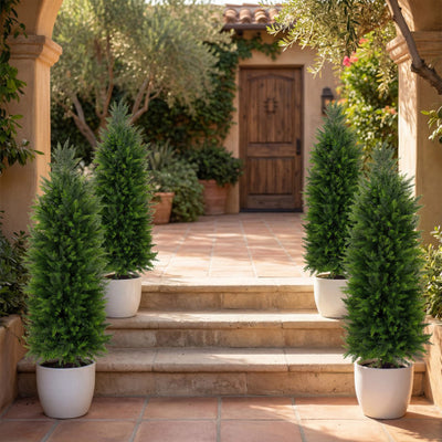 4 FT Artificial Topiary Tree Set of 2 Faux Cedar Cypress Plants in Cement-Filled Pots-Green