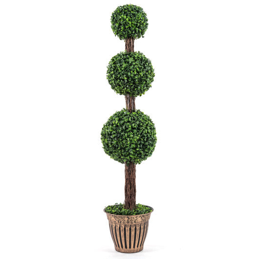4 FT Artificial Triple Ball Boxwood Tree with Cement-filled Retro Planter-Green