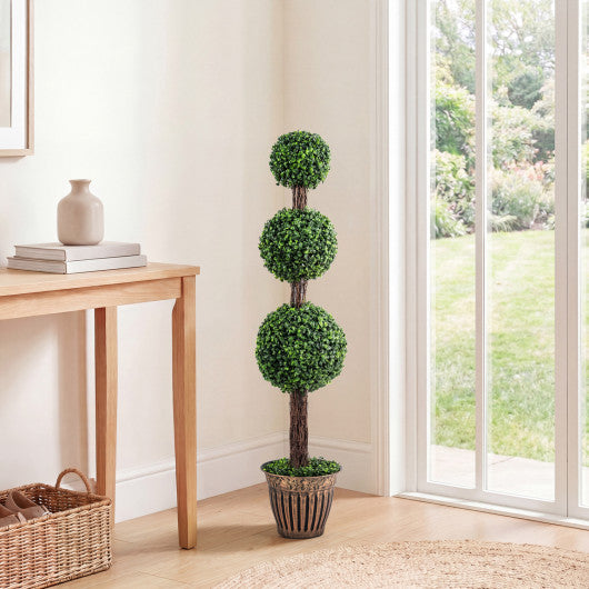 4 FT Artificial Triple Ball Boxwood Tree with Cement-filled Retro Planter-Green