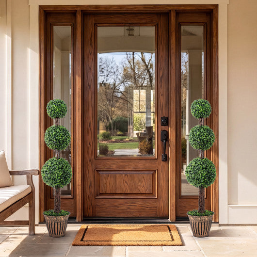 4 FT Artificial Triple Ball Boxwood Tree with Cement-filled Retro Planter Set of 2-Green