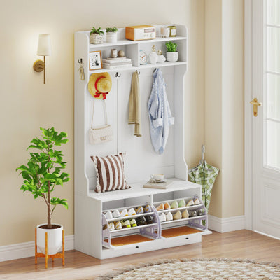 4-In-1 Hall Tree with Coat Rack and Flip Drawers for Entryway Mudroom-White