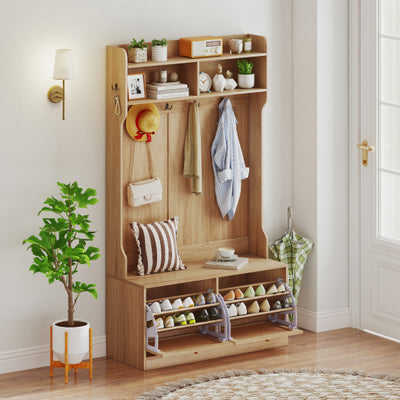 4-In-1 Hall Tree with Coat Rack and Flip Drawers for Entryway Mudroom-Natural