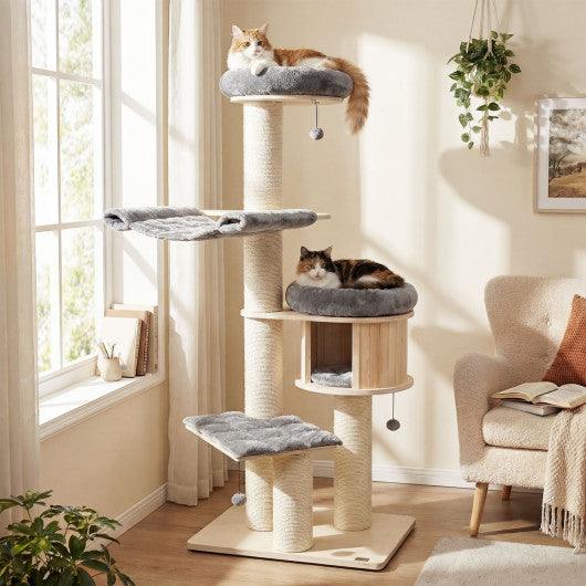 4-Layer 68.5-Inch Wooden Cat Tree Condo Activity Tower with Sisal Posts-Gray