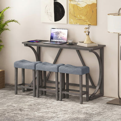 4-Piece Bar Table Set with Power Outlet and Upholstered Saddle Seat Stools-Black