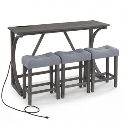 4-Piece Bar Table Set with Power Outlet and Upholstered Saddle Seat Stools-Black