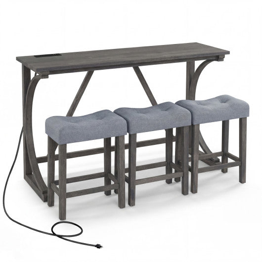 4-Piece Bar Table Set with Power Outlet and Upholstered Saddle Seat Stools-Black
