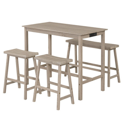 4-Piece Counter Height Dining Table Set with Power Outlet Solid Rubber Wood Kitchen Table-Light Gray