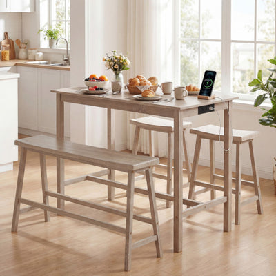 4-Piece Counter Height Dining Table Set with Power Outlet Solid Rubber Wood Kitchen Table-Light Gray