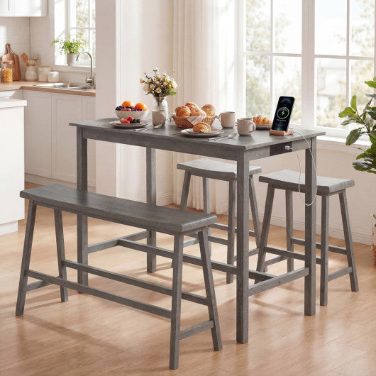 4-Piece Counter Height Dining Table Set with Power Outlet Solid Rubber Wood Kitchen Table-Gray