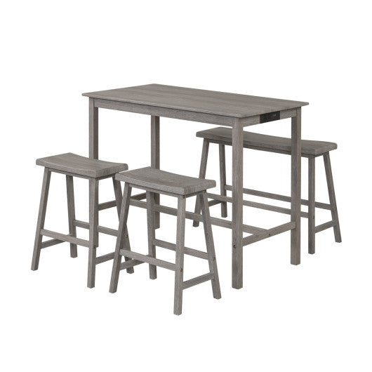 4-Piece Counter Height Dining Table Set with Power Outlet Solid Rubber Wood Kitchen Table-Gray