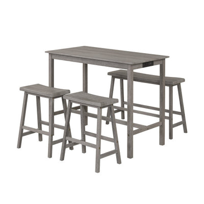4-Piece Counter Height Dining Table Set with Power Outlet Solid Rubber Wood Kitchen Table-Gray