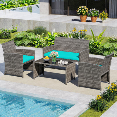 4 Piece Patio Conversation Set Rattan Chair Loveseat and Table Set-Turquoise