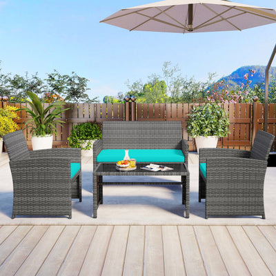 4 Piece Patio Conversation Set Rattan Chair Loveseat and Table Set-Turquoise