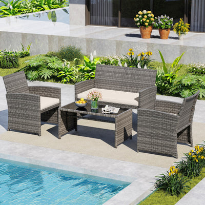 4 Piece Patio Conversation Set Rattan Chair Loveseat and Table Set-Off White