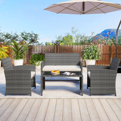 4 Piece Patio Conversation Set Rattan Chair Loveseat and Table Set-Off White