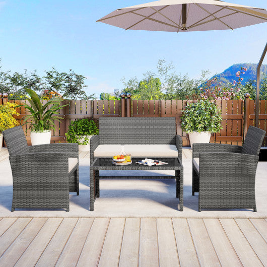 4 Piece Patio Conversation Set Rattan Chair Loveseat and Table Set-Off White