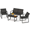 4 Pieces Patio Conversation Set with Breathable Fabric Seat and Tempered Glass Tabletop-Black - Black