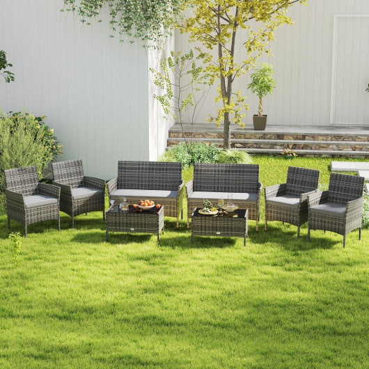 4 Pieces Patio Rattan Conversation Set with Tempered Glass Coffee Table-Gray