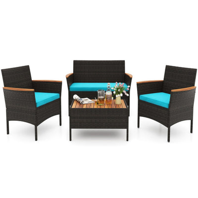 4 Piece Patio Wicker Sofa Set 2 Rattan Chairs and Loveseat with Table-Turquoise