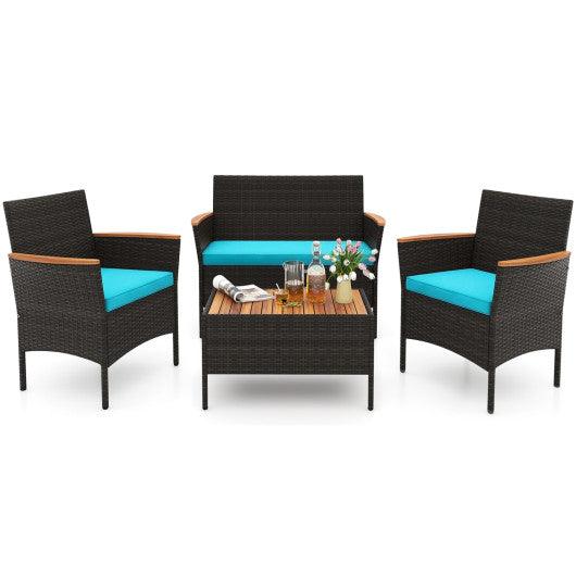 4 Piece Patio Wicker Sofa Set 2 Rattan Chairs and Loveseat with Table-Turquoise