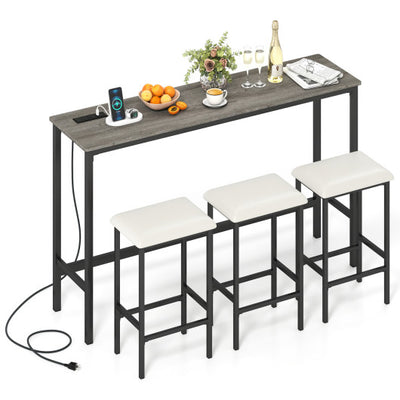 4 Pieces Counter Height Bar Table with Power Outlet with 3 Padded Stools-Gray