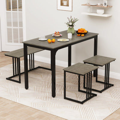 4 Pieces Space-Saving Dining Table Set with Bench and 2 Stools-Oak